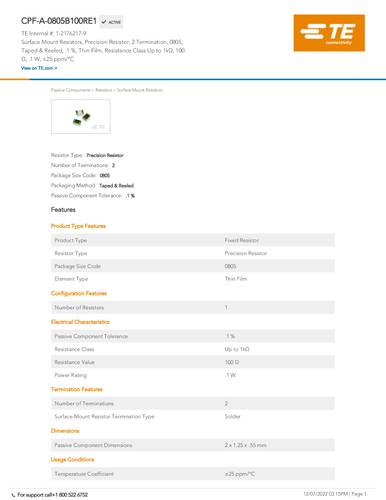 TE Connectivity 1-2176217-9 Dünnschicht-Widerstand 100Ω SMD 0805 0.1% 25 ppm 1000 St. Tape on Ful von TE Connectivity
