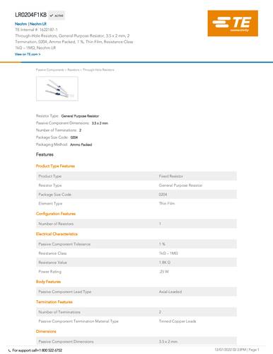 TE Connectivity 1622187-1 Kohleschicht-Widerstand 1.8kΩ 0.01% Box von TE Connectivity