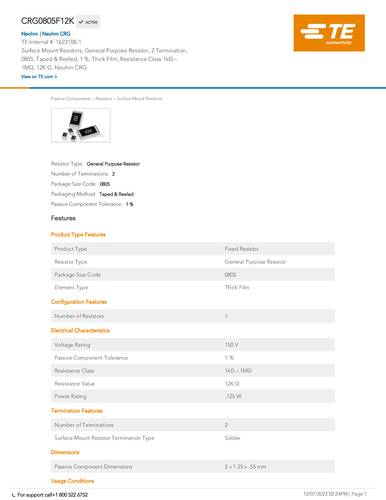 TE Connectivity 1623108-1 12kΩ SMD 0805 0.01% 5000 St. Tape on Full reel von TE Connectivity