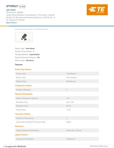 TE Connectivity 1624289-1 95.30Ω SMD 0.05% 500 St. Tape on Full reel von TE Connectivity