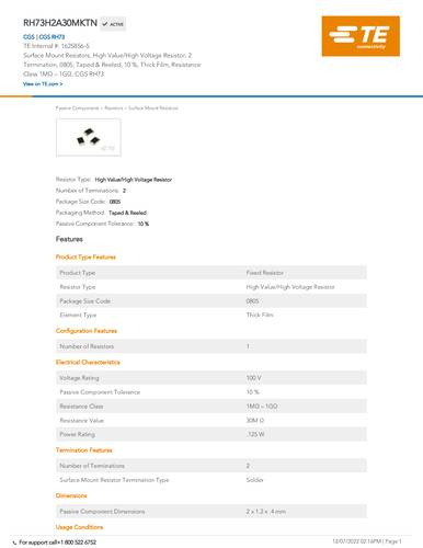 TE Connectivity 1625856-5 30 MΩ SMD 0.1% 100 ppm 1000 St. Tape on Full reel von TE Connectivity