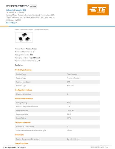 TE Connectivity 1625868-6 200Ω SMD 0.25W 0.1% 25 ppm 1000 St. Tape on Full reel von TE Connectivity