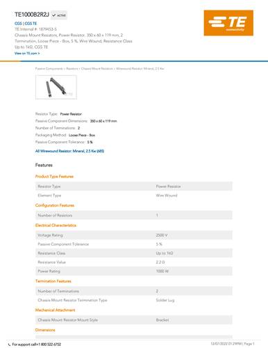 TE Connectivity 1879453-5 Leistungs-Widerstand 2.2Ω radial bedrahtet 1000W 0.05% 1 St. Box von TE Connectivity