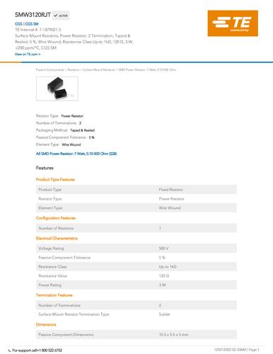 TE Connectivity 7-1879021-5 Leistungs-Widerstand 120Ω SMD 0.05% 1000 St. Tape on Full reel von TE Connectivity