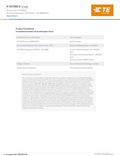 TE Connectivity SF52107J01 Package 1St. von TE Connectivity