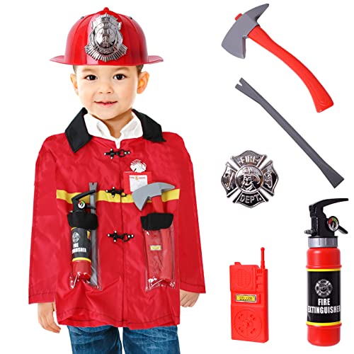 TE-Trend Kinder Feuerwehr-Kostüm – Feuerwehrjacke mit Zubehör – 8-teiliges Feuerwehr Verkleidung Set – Kinder Feuerwehr-Uniform von TE-Trend