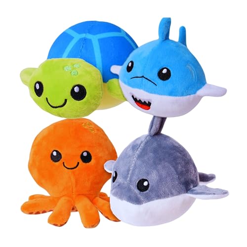 TE-Trend 4 Stück Stressball Set – Plüsch Squishies Meerestiere – Fidget Toys Anti-Stress Bälle – Quetschball Set für Kinder – 12 cm Mehrfarbig von TE-Trend