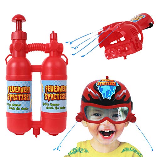 TE-Trend Kinder Feuerwehr Wasserspielzeug Set 3-teilig Wasserpistole Tankrucksack Maske Wasserspritze Wasserspritzpistolen Rot von TE-Trend