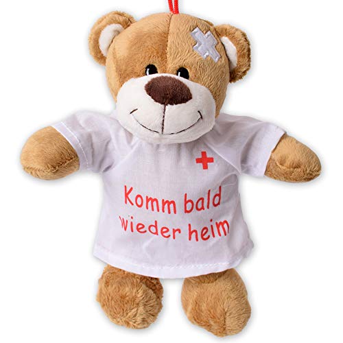 TE-Trend Plüsch Teddybär Gute Besserung Teddy Genesungsgeschenke Bär Glücksbringer Kuscheltier T-Shirt Komm Bald Wieder heim 24cm Braun von TE-Trend