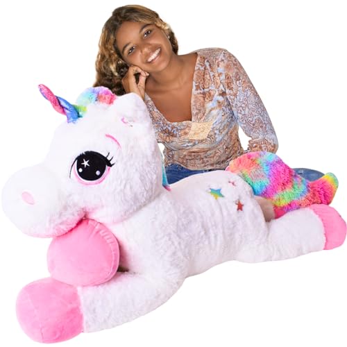 TE-Trend XXL Einhorn Kuscheltier 110cm Weiß mit Regenbogen Schweif und Horn, unser Liebevolles Plüschtier ist der Kuscheltraum für Kinder von TE-Trend