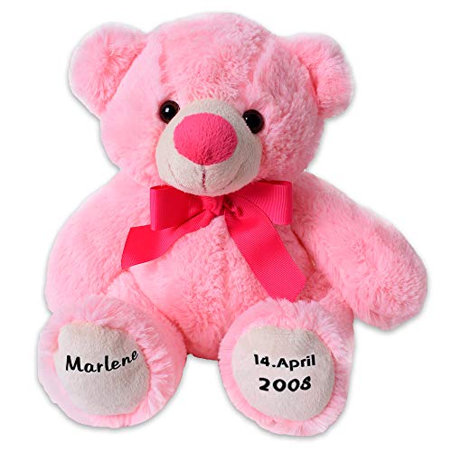 TE-Trend Rosa Teddybär Teddy Bär Kuscheltier mit Namen Geburtsdatum Mädchen Personalisiert 24cm Geburt Taufe von TE-Trend