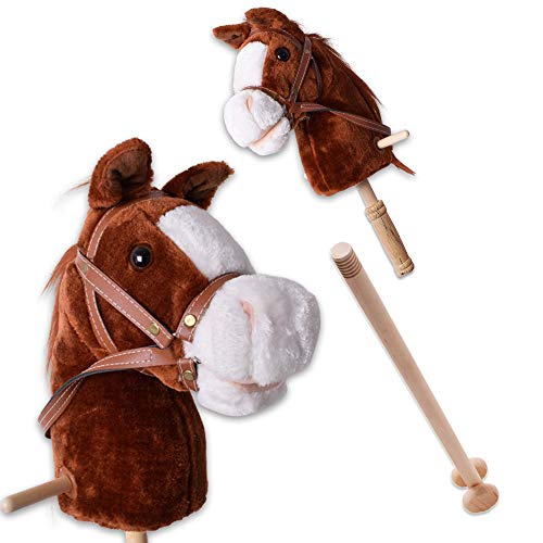 TE-Trend Hobby Horse 95cm - Stockpferd für Kinder mit Soundfunktion - rollendes Steckenpferd mit Plüschkopf für fantasievolles Spielen - Spielpferd aus Holz - Hobby Horsing - Steckenpferd-Reiten von TE-Trend