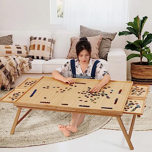 TEAKMAMA 2000 Stück Holz Jigsaw Puzzle Board mit 4 Schubladen, Faltbarer Puzzletisch mit Schutzhülle, Jigsaw Board mit Beinen, Multifunktionaler Spieltisch für Erwachsene, 41.3W x 27.5D, Natur von TEAKMAMA