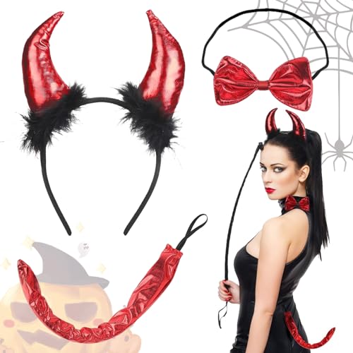 TECHEEL Teufelshörner Haarreif Halloween Teufel Hörner Haarreif Haarband Teufelshörner Fliege Teufelsschwanz Teufelshörner Kostüm Set Devil Haarschmuck für Halloween Karneval Cosplay Party von TECHEEL