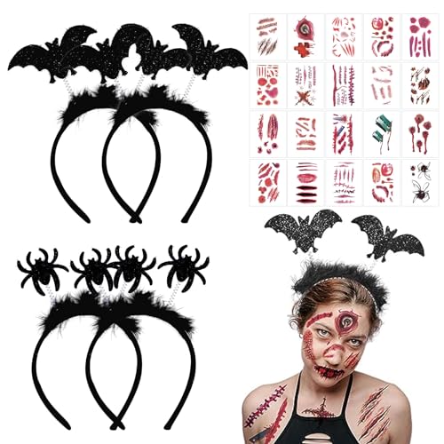 TECHEEL 4 Stück Halloween Haarreif Halsband Halloween Fledermaus Haarband Halloween Haarreif Halsband Fledermaus Ohren Haarreifen Halloween Kopfschmuck Damen für Halloween Karneval Fasching von TECHEEL