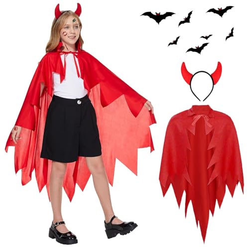 TECHEEL Damen Teufelskostüm Halloween Teufelkostüm Kostuem mit 1x Teufelshörner Haarreif und 20pcs Tattoo Aufkleber Rot Teufelskostüm Umhang für Halloween-Masquerade Karneval Cosplay von TECHEEL