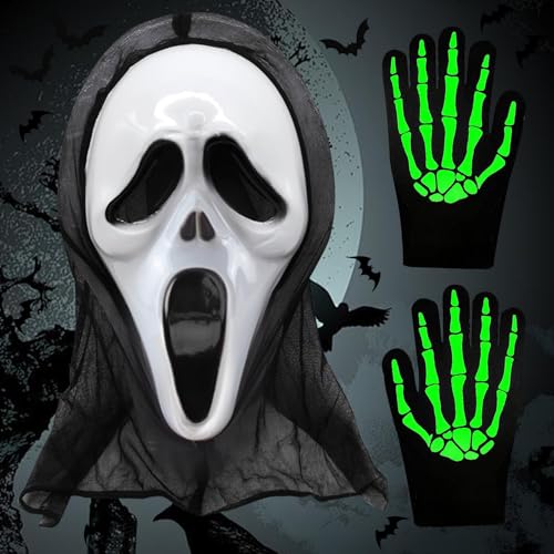 TECHEEL Ghostface Maske Halloween Scream Maske für Kinder Erwachsene Halloween Maske Scream Gruselige Schrei Maske Ghostmaske mit Leuchtend Handschuh für Karneval, Halloween Party Cosplay Requisiten von TECHEEL