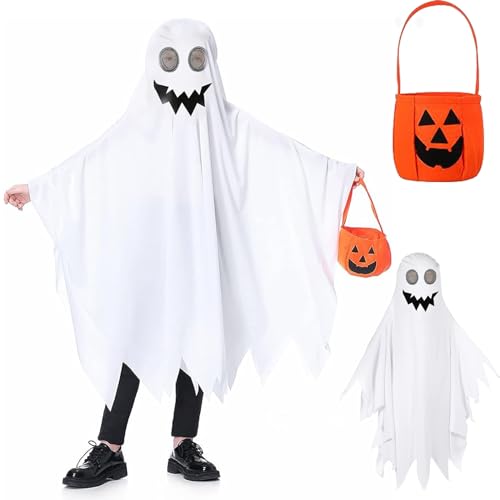 TECHEEL Halloween Kinder Geister Halloween Kinder Geister Gespenst Kostüm Kinder Geister Kostüm Kleinkinder Halloween Kostüm Kinder mit Kürbis Eimer für Jungen Mädchen Cosplay Mottoparty von TECHEEL