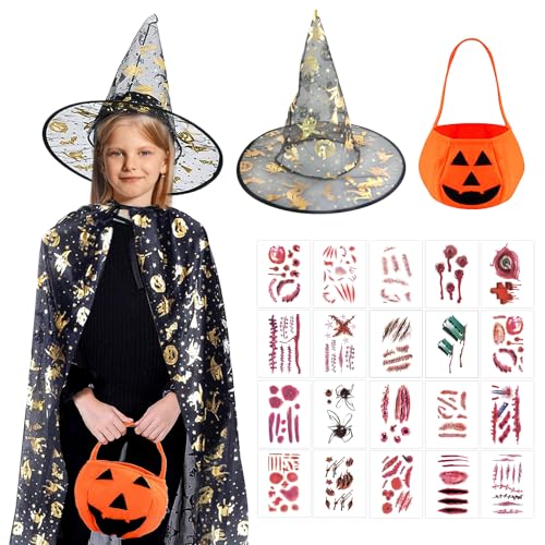 TECHEEL Kostüm Halloween Kinder Zauberer Kostüm Kinder Zauberer Umhang mit Hut Kinder Zauberer Umhang Kostüm Halloween Wizard Cape Witch Umhang für Jungen und Mädchen Cosplay Party 3 4 5 6 Jahre von TECHEEL