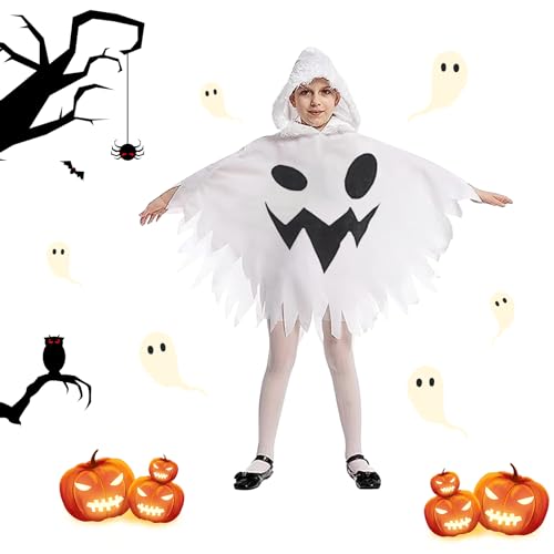 TECHEEL Kinder Halloween Kostüm Cape Weiß Kinder Geist Kostüm Gespenst Kostüm Umhang Halloween Kostüm Kleinkind Jungen Mädchen für Halloween Party Fancy Kleid Cosplay Karneval - S von TECHEEL