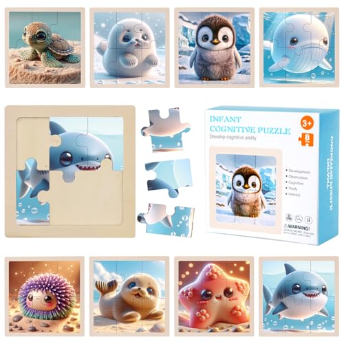 TECHEEL Kinderpuzzle 8 Stück, Puzzle Kinder ab 1 2 3 Jahre Holz Steckpuzzle für Kinder Mini Puzzle Spielzeug Puzzle Meerestiere Lernspielzeug für Kinder Geschenk Mädchen and Jungen von TECHEEL