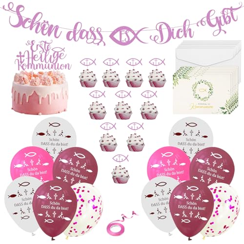 32 Stück Taufe Deko Mädchen Kommunion Deko Konfirmation Deko Mädchen Tischdeko Schön DASS Du da Bist Rosa Fisch Tortendeko Kommunion Girlande Ballon Erstkommunion für Taufe Kommunion Konfirmation von TECHEEL