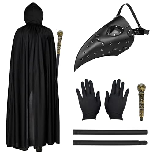 TECHEEL Pestdoktor Kostüm Herren Pestarzt Kostüm Karneval Mittelalter Cosplay Schnabelmaske Pestdoktor Maske, Handschuhen,Zepter,Umhang mit Kapuze Pestarzt Kostüm für Halloween Karneval Cosplay von TECHEEL