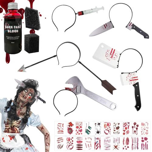 TECHEEL 5 Stück Halloween Horror Haarreif Horror Zombie Accessoire Halloween Haarreifen Axt im Kopf Scherzartikel mit 20 Halloween Tattoo Halloween Accessoires für Halloween, Maskerade, Rollenspiele von TECHEEL