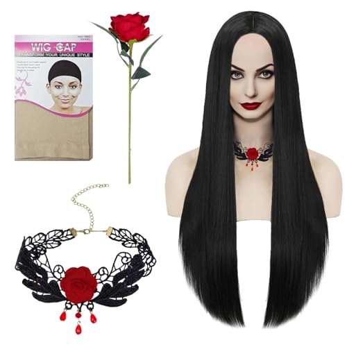 TECHEEL Schwarze Perücke Halloween Perücke Schwarz Lang Perücke Damen Schwarz Haarnetz Perücke Cosplay Schwarze Perücke Mit Schmuck Für Damen Halloween Karneval Kostüme Cosplay Party von TECHEEL