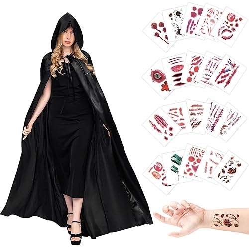 TECHEEL Schwarzer Umhang mit Kapuze Vampir Kostüm 90cm mit 20 Temporäre Tattoos Halloween Umhang Halloween Cape Vampir Kostüm Kinder or Erwachsene für Karneval Halloween Cosplay Kostüm von TECHEEL