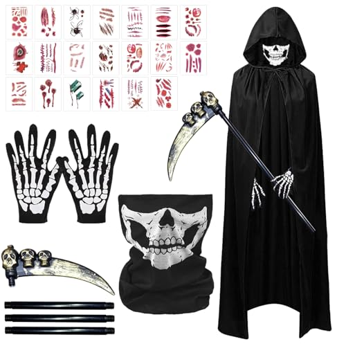 TECHEEL Sensenmann Kostüm Halloween Kostüm Erwachsene Schwarzer Umhang Sense Skelett Maske Skelett Handschuhe Narben Tattoos Sensenmann Umhang Kostüm Gruselige Set für Halloween Dekoration Cosplay von TECHEEL