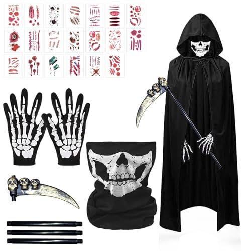 TECHEEL Sensenmann Kostüm Halloween Kostüm Kinder Schwarzer Umhang Sense Skelett Maske Skelett Handschuhe Narben Tattoos Sensenmann Umhang Kostüm Gruselige Set für Halloween Dekoration Cosplay von TECHEEL