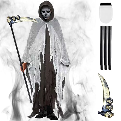 TECHEEL Sensenmann Kostüm Halloween Geist Kostüm Erwachsene Sensenmann Kostüm Herren Mit Sense & Gruseligem Sensenmann Kostüm Umhang mit Kapuze Zerrissenen Robe für Halloween Karneval Cosplay von TECHEEL