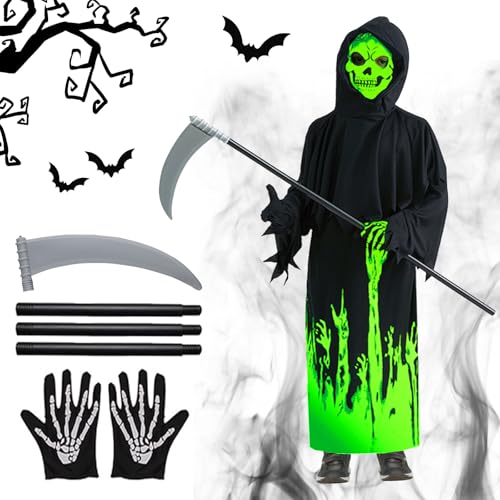 TECHEEL Sensenmann Kostüm Kinder Leuchtend Halloween Kostüm Kinder Sensenmann Kostüm Mit Sense Skelett Masken Skelet Handschuhe Halloween Sensenmann Kostüm Gruselige für Halloween Dekoration Cosplay von TECHEEL