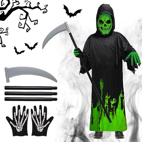 TECHEEL Sensenmann Kostüm Kinder Leuchtend Halloween Kostüm Kinder Sensenmann Kostüm Mit Sense Skelett Masken Skelet Handschuhe Halloween Sensenmann Kostüm Gruselige für Halloween Dekoration Cosplay von TECHEEL