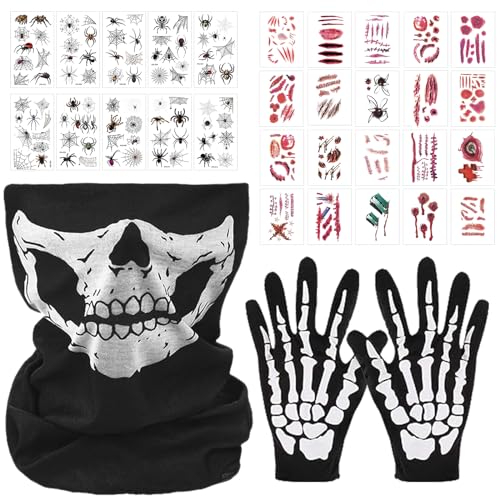 TECHEE Halloween Schädel Gesichtsmaske Totenkopf Maske Halloween Skelett Maskeund Skelett Handschuhe Set Schwarz Halloween Tattoo Aufkleber für Fasching Karneval Halloween Party Cosplay Damen & Herren von TECHEEL