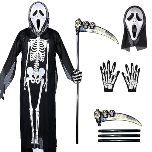 TECHEEL Skelett Halloween Kostüm Set Halloween Maske Scream Halloween Skelett Kostüm mit Sense Schädelmaske Handschuhe Halloween Sensenmann Kostüm für Halloween Fasching Party Cosplay von TECHEEL