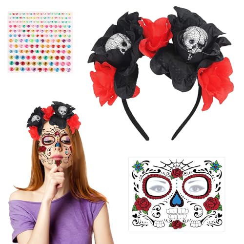 TECHEEL Tag der Toten Haarreif Halloween Haarreif Haarreif Haarkranz Blumen Schwarz Haarreif Rosen und Totenkopf für Faschingskostüme Halloween Kostüm Karneval Mottoparty von TECHEEL