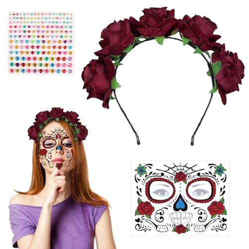 TECHEEL Tag der Toten Rosen Haarreif Halloween Haarreif Haarreif Rosen und Totenkopf Dia de los Muertos Halloween kostüm Haarschmuck für Faschingskostüme Halloween Kostüm Karneval von TECHEEL