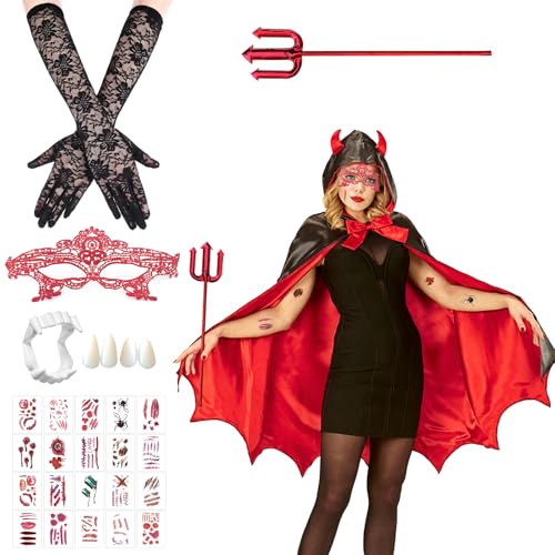 TECHEEL Teufel Kostüm Damen Halloween Kostüm Damen Vampir Umhang Kostüm mit Teufelsgabel, Spitzenaugenklappe, Spitzenhandschuhen Teufelskostüm für Karneval, Halloween Party von TECHEEL