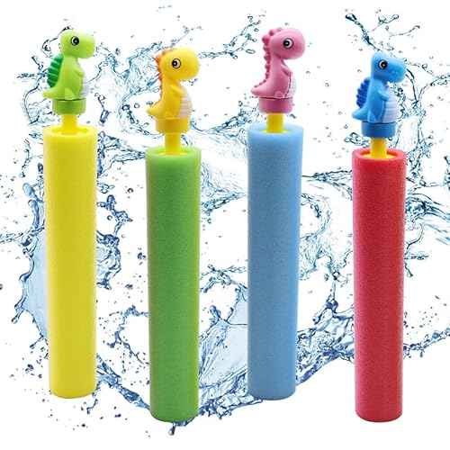 TECHEEL 4 Stück Dinosaurier Schaum Wasserpistole Kinder Sommer Wasserpistole Schaumstoff Spritzpistole Bunte Wasserpistole Water Blaster Wasserspritze Wasser Spielzeug Pistolen Für Jungen Und Mädchen von TECHEEL