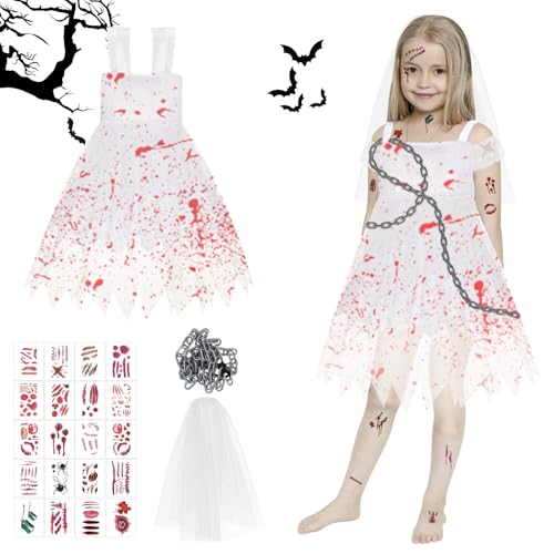 TECHEEL Zombie Braut Kostüm Mädchen Zombie Kostüm Kinder Zombie Kostüm Mädchen Halloween Kostüm Zombie Horror Braut Kostüm Weiß für Halloween Party, Karneval und Cosplay von TECHEEL