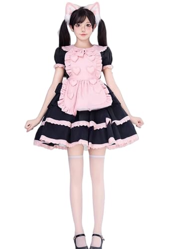 TEDPRBGE 4-teiliges schwarz-rosa Dienstmädchen-Outfit Katze geschwollenes Prinzessinnenkleid Kostüm Lolita Kleid Set Anime Cosplay Kostüm für Frauen (Größe XL) von TEDPRBGE