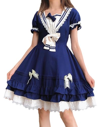 TEDPRBGE Blau Weiß Lolita Prinzessin Kleid Kostüm Matrosenanzug Schuluniformen Lolita Kleid Set Anime Cosplay Kostüm für Damen (L) von TEDPRBGE