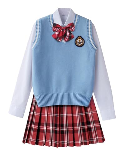 TEDPRBGE Britischer Stil Schulkostüm JK Uniform Kostüm Hellblau Strickweste Hemd Plaid Rock Japanisches Anime Outfit (Rot, S) von TEDPRBGE