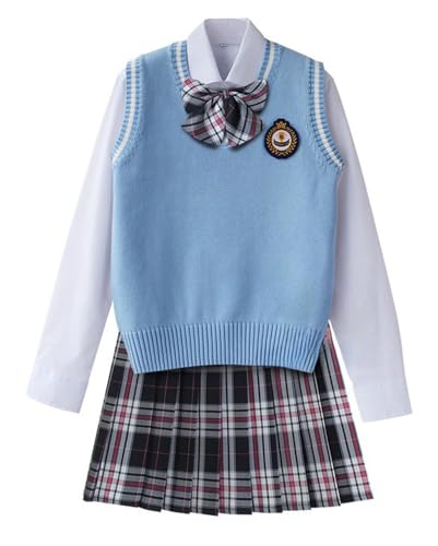 TEDPRBGE Britischer Stil Schulkostüm JK Uniform Kostüm Hellblau Strickweste Hemd Plaid Rock Japanisches Anime Outfit (Schwarzgrau, S) von TEDPRBGE