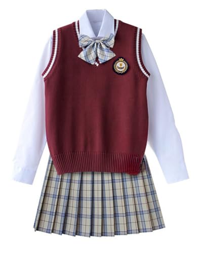 TEDPRBGE Britischer Stil Schulkostüm JK Uniform Kostüm Rot Strickweste Hemd Plaid Rock Japanisches Anime Outfit (Milchweiß, L) von TEDPRBGE