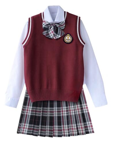 TEDPRBGE Britischer Stil Schulkostüm JK Uniform Kostüm Rot Strickweste Hemd Plaid Rock Japanisches Anime Outfit (Schwarzgrau, XL) von TEDPRBGE