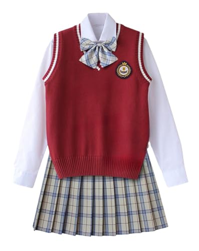 TEDPRBGE Britischer Stil Schulkostüm JK Uniform Kostüm Strickweste Langarm Hemd Plaid Rock Japanisches Anime Outfit (Milchweiß, L) von TEDPRBGE