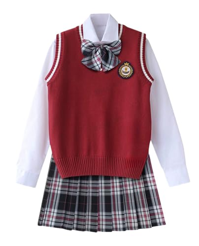 TEDPRBGE Britischer Stil Schulkostüm JK Uniform Kostüm Strickweste Langarm Hemd Plaid Rock Japanisches Anime Outfit (Schwarzgrau, 3XL) von TEDPRBGE